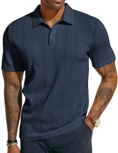 Mens Polo Shirts Textured Soft Touch Regular Fit Golf Polo Shirts Navy