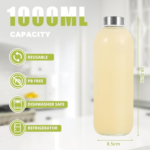 LIMILI Glass Bottles With Stainless Steel Lids, 300/350/750/1000ML Water Bottles, Leak Proof Reusable Drinking Bottles for Hot Cold Drinks, Work, Gym, Home