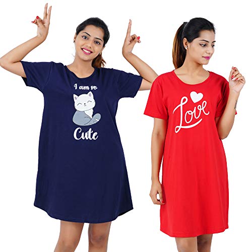 Image of Buy That Trendz Women's Cotton Graphic Print Knee Length Short Night Dress Long Tshirt (Pack of 2)