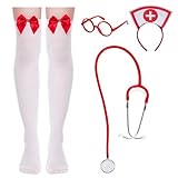 mifengda Nurse Costume Halloween Women Costume Accessories Red Nurse Hat Headband Cosplay Outfit Set Includes Headband Glasses Stethoscope High Sock for Halloween Cosplay Party