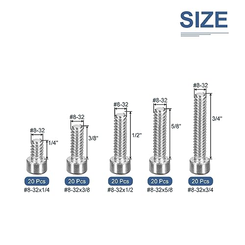 DTGN 100Pcs #8-32 Bolts Socket Head Screws Kit, #8-32 Screw Assortment, 304 Stainless Steel #8-32x1/4", 3/8", 1/2", 5/8" - Image 2