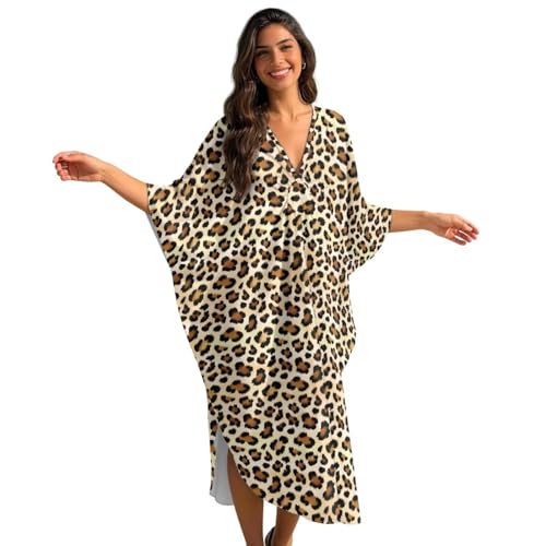 Vestido caftán largo suave y ligero con estampado de leopardo beige