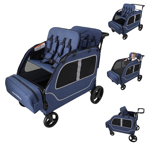 Image of JULYSHILIU Wagon for Kids 4 Seater Wagon Stroller Travel All Terrain Foldable 2 3 5 Year Old Toddlers Child Twins Triple Quad Stroller with Bench Seat Storage (Deep Blue)