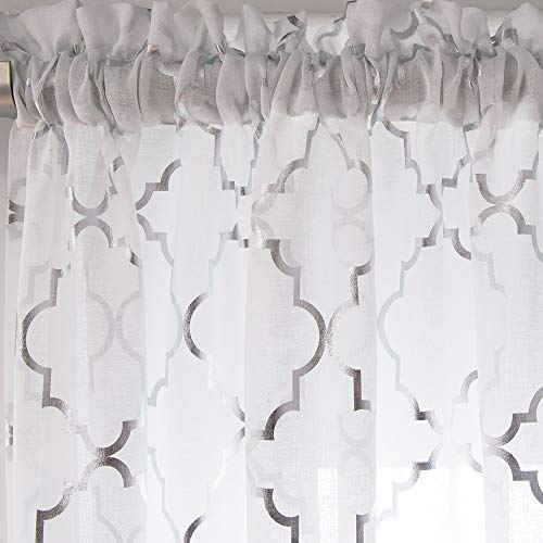 YJ YANJUN White Silver Kitchen Curtains 45 Inch Length Metallic Prin Short Curtains for Small Window Sheer Curtains 45 inch Length Set of 2 Panels 52 W x 45 L Inch White/Silver - Image 4