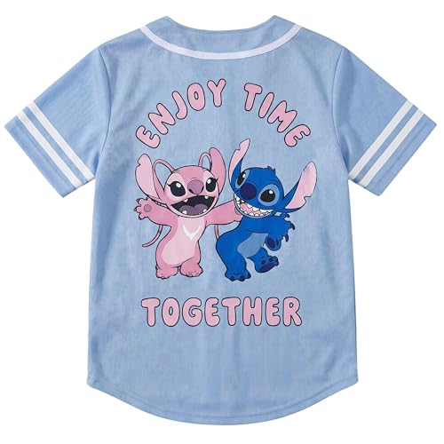 Image of Disney Lilo & Stitch Girls Baseball Jersey Shirt Button Down Kids Tee Stitch Angel Sizes 4-16
