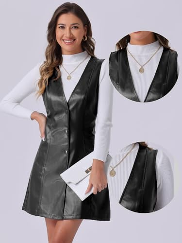 Allegra K Faux Leather Dress for Women's Pinafore Button Down V Neck Sleeveless Mini Overall Dresses2