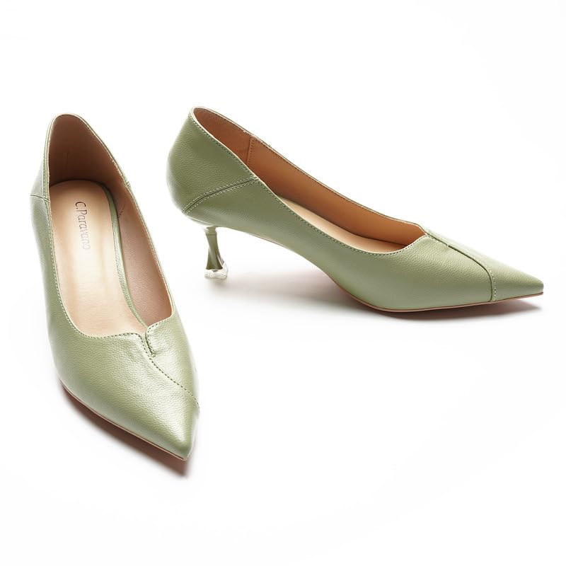 C.Paravano Women's Pointed Toe Kitten Heel Pumps|Wedding, Office & Casual Dress Shoes|Low Heel Work Shoes for Business Meetings, Cocktail Parties, Everyday Wear(Size 11.5,Light Green)