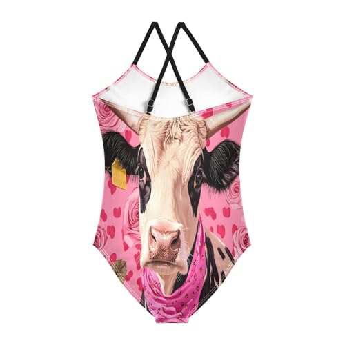 Cow Pink Roses Kids Swim Suits, Girls Athletic Swimsuit, Beach Bathing Suits Girls 3-10T with Adjustable Shoulder Strap2