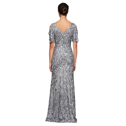 Image of Alex Evenings Women's Long Mother of The Bride Sequin Dress with Cold Shoulder Flutter Sleeves (Petite and Regular Sizes)
