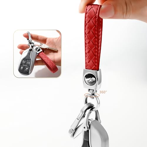 Image of Gkeygo Carabiner Keychain, Universal Heavy Duty Woven Handmade Leather Key Chain, Car Fob Key Keychains with 360 Degree Rotatable Snap Swivel and Anti-Lost D-Ring for Men and Women, Silver - Red