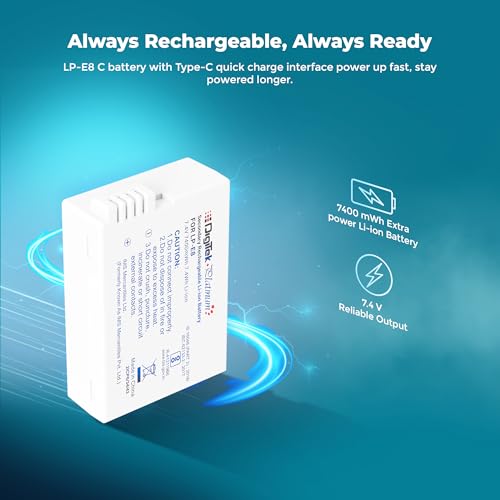 Image of Digitek Platinum (LP-E8 Type C) 1120mAh Li-ion Battery for Canon DSLR Cameras with Type-C Charging Cable, for Canon PowerShot EOS 550D, 600D, 650D, 700D, Kiss X4-X7i, and Rebel T2i-T5i