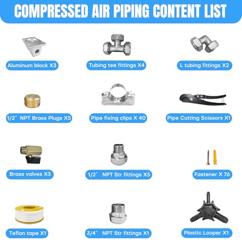 Image of 3 /4 Inch x 200 FT Shop Air Line Kit, Compressed Air Piping System for Shop, Garage, HDPE Tubing and Aluminum Rapid Air System Includes Right Angle Fittings and Tee Fittings, Air Line Tubing Kit