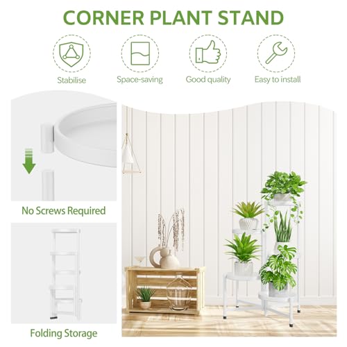 Image of iDavosic.ly 5 Tier Large Plant Stand Indoor with 10 Inch Wide Tray, Tiered Corner Metal Outdoor Flower Display Holder Shelf, Folding Tall Rack for Patio Porch Living Room, White