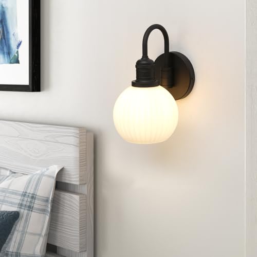 Image of Yosoan Boho Brass Vintage Bathroom Wall Sconce with Striped Shade, 1-Light Indoor Industrial Hardwired Wall Mounted Fixture, Frosted Milky White Ribbed Glass Shade for Bedroom Hallway(Black)