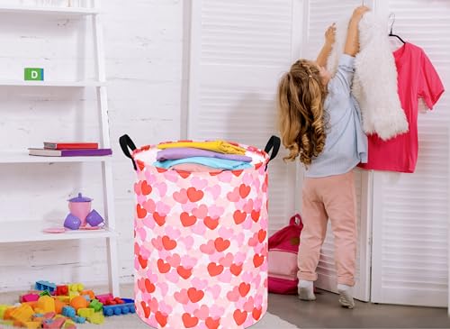 Image of Round Valentine's Heart Pattern Laundry Hamper Clothes Storage Basket Fabric Storage Hamper Organization Storage Bin, Nursery Box,Gift Basket with Handles
