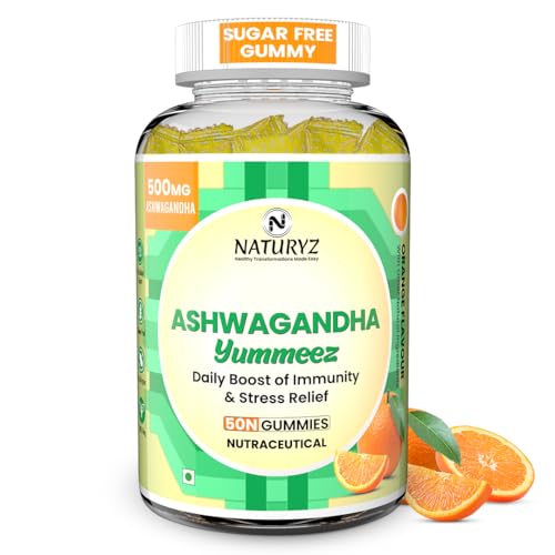 Image of NATURYZ Clinically Researched KSM 66 Ashwagandha 500mg Gummies with Vitamin D3 | Strength, Energy, Immunity, Power & Stamina | Relax, Refresh Mind & Body | No Added Sugar | Gluten-Free, 50 Gummies(Orange Flavour)