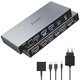 Alxum Switch KVM para 2 PC y 2 monitores, 2 entradas DP y 2 salidas HDMI, 4 USB 3.0, 4K@60Hz, compatible con teclado, ratón, audio, almacenamiento, incluye 2 cables USB-B y fuente de alimentación