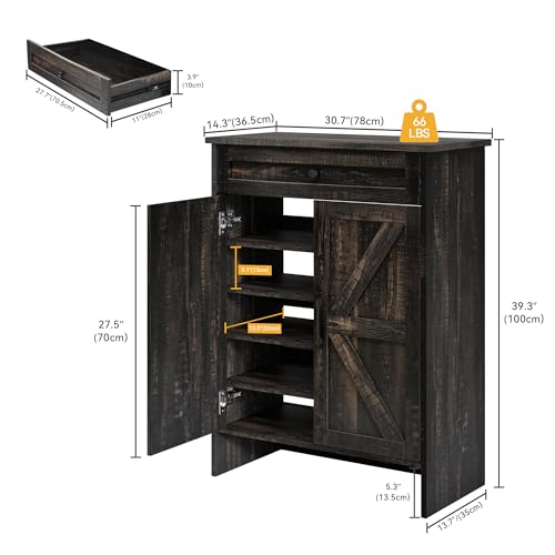 DWVO Dark Rustic Oak Shoe Cabinet - 6-Tier Rustic Oak Finish, Storage with Doors, Drawer & Adjustable Shelves with Induction Strip for Hallway, Living Room