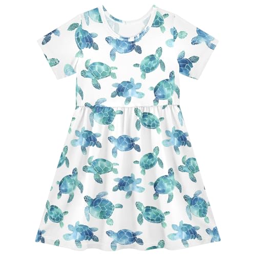 Watercolor Sea Turtle White Prints Summer Girls Short Sleeve Dress Casual Dresses Beach Sundress for 2-8 Years