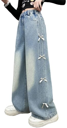 Happy Cherry Jeans Mädchen Weites Bein Jeanshosen mit Gummibund Kinder Y2K Jean Hose Mode Streetwear Muster Schuljeans 164