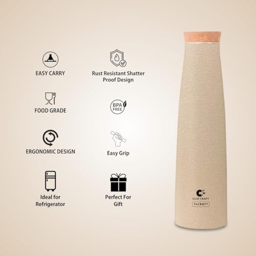 Image of CLAY CRAFT VACBOTT Chariott Cork Single Walled Non Insulated Water Bottle, 900ML (Beige) Steel Water Bottles for School, Office, Home, Gym, Water Bottle for Men Leakproof, Rust Free Steel Bottle