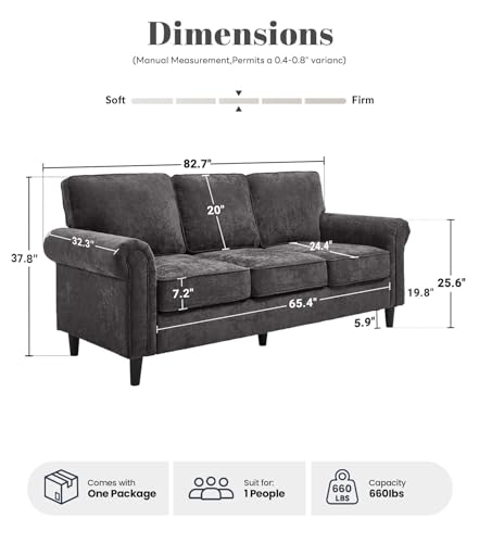 Image of Kingfun 3 Seater Couch, Mid Century Modern Sofa with Rolled Arms and Deep Seats, Fluffy Comfort for Living Room, Apartment, Easy Assembly, Gray