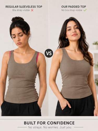 Image of Womanista Women Womanista Women's Padded Tank Top with Built-in Bra | Ribbed Stretch Fitted Top | Sleeveless Western Top for Office, Casual & Lounge Wear