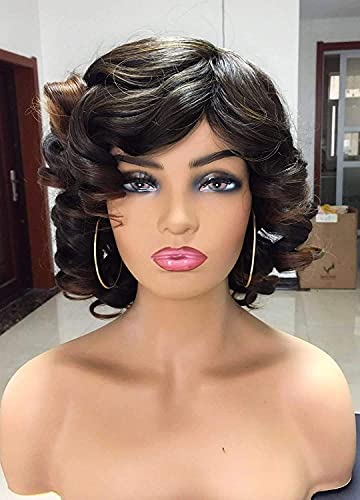 Annivia Short Afro Curly Wigs With Bangs For Women Kinky Curly Hair Wig 2 Tone Ombre Dark Brown Big Bouncy Fluffy Curly Wig #TOP5