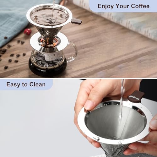 Image of Stainless Steel Pour Over Coffee Dripper, Reusable Fine Mesh Filter for 1-2 Cups, Paperless Coffee Maker for Home, Travel, Camping