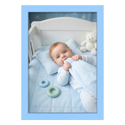 Image of Alison Kingsgate Baby Blue A3 Nursery Picture Frames, Baby Boy Gift Photo Frame, Wall Mount or Tabletop, Perspex Front, Thin Keepsake Frame for Newborn, Baby Shower & First Memories