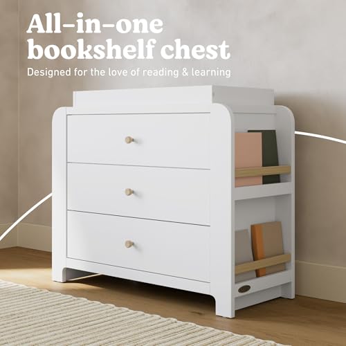Image of Graco Read-with-Me 3 Drawer Chest with Removable Changing Topper, White | GREENGUARD Gold Certified, Removable Bookshelves, Nursery & Kids Bedroom Wood Dresser, Spacious Storage, Interlocking Drawers