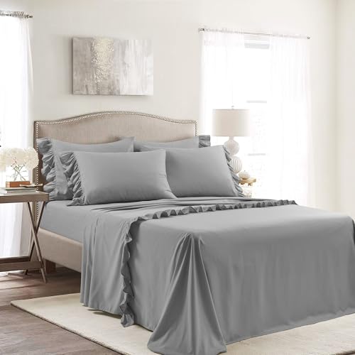 Image of Lush Decor Reyna Ruffle Sheet Set 6 Piece Set Full, Dark Gray - Full Sheets - Kids Bed Sheets - Full Size Bed Sheet Set - Coquette Bedroom Decor