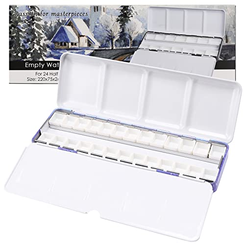 MYARTOOL Paleta de aquarela vazia, paleta de tinta roxa vazia de estanho com 24 peças de meia panela vazia para paleta de aquarela de viagem, acrílico e pintura a óleo