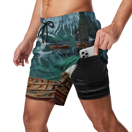Wolf Boats in A Lake Italy Mens Swim Trunks with Quick-Drying Lining Beach Shorts for Outdoor Sports2