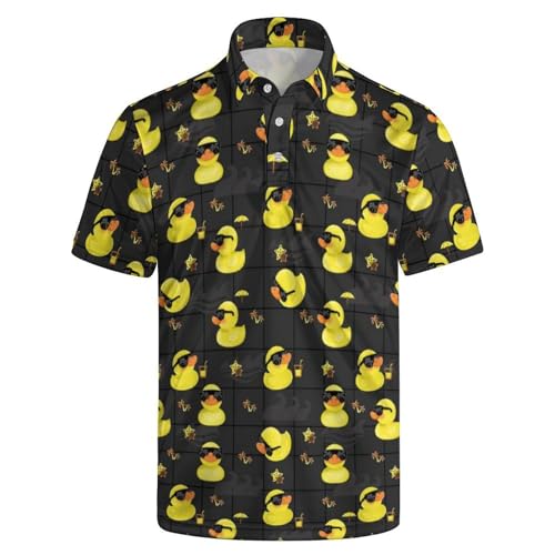 Xdceu Men’s Yellow Duck Golf Polo Shirts Funny Rubber Duck Golf Shirt for Men Quick-Dry Moisture Wicking Print Polo Shirts
