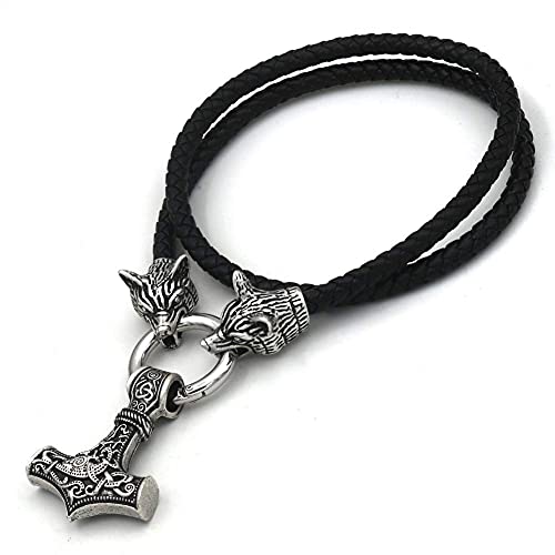 Clásico Nórdico Odin Myth Thor Martillo Collar Vikingo Amuleto Colgante Celta Joyería Pagana Irlanda Retro Regalo de San Valentín Doble Cabeza de Lobo Accesorio de Cuerda de Cuero Cover