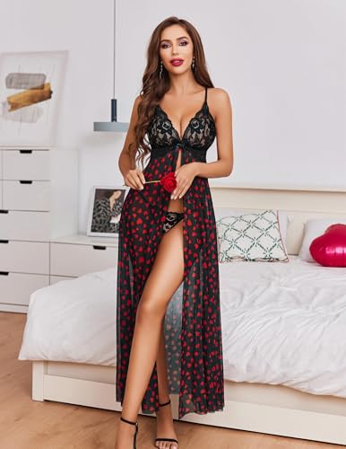 Image of SSoShHub Women Lingerie Lace Babydoll Dress Open Front Sleepwear Long Sheer Nightgowns V Neck Nightwear for Wife, Women Wedding Valentine Special Night Occasion Festival