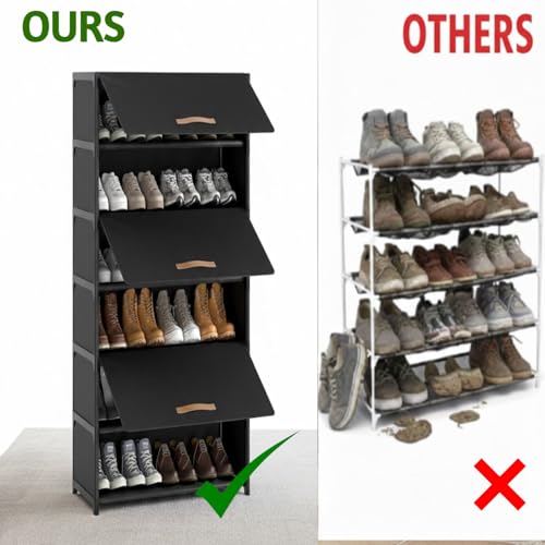 Image of Shoe Storage Organizer Stackable Shoe Box with Door Universal Size Shoe Organizer Multi Purpose Space-Saving Shoe Box for Men and Women (3 Rack) (Black, 6 Layer)