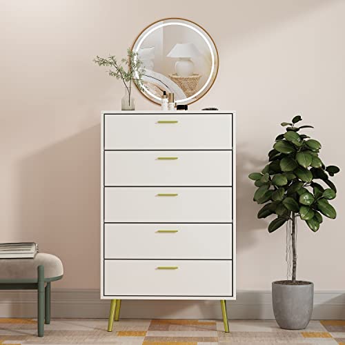 Didugo Chest Of Drawers 5 Drawer Dresser Wood Dresser With Gold Metal Legs White Dresser For Bedroom (27.4”W X 15.6”D X 44.9”H) #TOP2