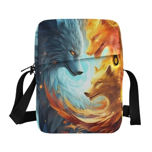 Crossbody Bag Fire Blue Flame Wolf Fighting Messenger Bag for Women Men Purse Shoulder Bag Satchel Bag with Adjustable Strap 214A7091