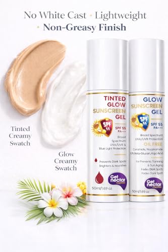 Image of Get Nectar Happiness SPF 55 PA+++ Combo | Tinted Sunscreen + Glow Sunscreen Gel | Broad Spectrum UVA & UVB Protection | No White Cast | non-greasy | Suitable for All Skin Types (Pack of 2, 50ml Each)