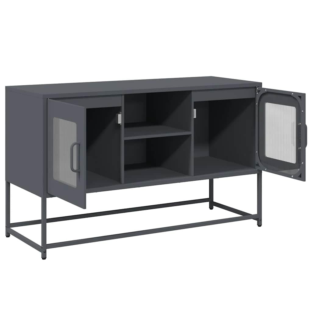 Mueble de TV con soporte de pared antivuelco: Mueble de TV industrial de acero laminado en frío y banco de TV estable con dos opciones de montaje en antracita