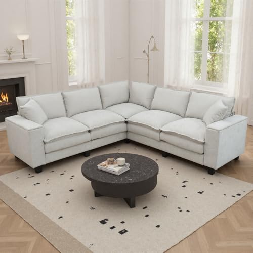 Image of 97 inch L Shaped Couch Corner Sofa, 5 Seater Oversized Cloud Couch with 2 Pillows Chenille Modular Sectional Sofa Armrests with Two Hidden Storage Space Sectional Couches for Living Room Beige