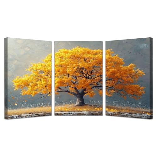 Peinture Moderne Artistique Salon Arbre de Vie Triptyque Jaune et Gris