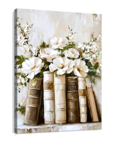 Dazzlewall Immagini d’Arte Fiori e Libri, Poster Vintage Estetico Biblioteca con Pittura ad Olio su Tela per Studio Camera da Letto Soggiorno Biblioteca 30×40 cm Senza Cornice