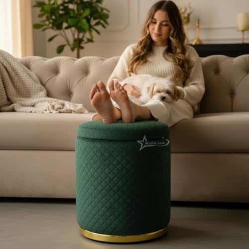 Image of Premium Round Storage Ottoman Stool 16 X 16X 19 inch, with Gold Metal Base | Luxury Pouffe with Hidden Storage | Cushioned Footrest for Living Room, Bedroom & Lounge Dark Green
