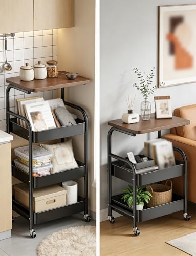 Rolling Utility Cart on Wheels, Lockable Trolley for Kitchen, Bedroom & Living Room Side Table, Multi-Functional Storage, Black, 17.3"x11.8"x30.3"