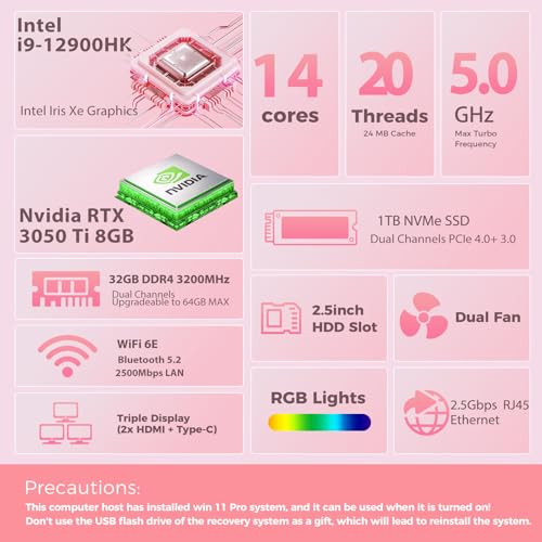 Image of Mini Gaming PC, 12TH Gen Intel Core i9-12900HK with RTX 3050Ti 8G Gaming Computer, 32GB RAM 1TB NVMe SSD, RGB Lights, Triple 4K Display /2.5G LAN /WiFi 6E BT 5.3, Win 11 Pro Desktop PC, Pink