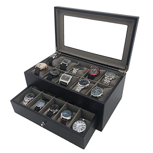 Watch Box for 20 Watches XL Extra Large Compartments Fits 65mm Soft Cushions (Black)