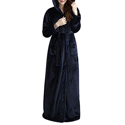 Women's Luxurious Long Hooded Bathrobe Soft Fleece Full Length Robes with Hood Classic Elegant Hooded Plush Bath Robes Winter Warm Pajamas Sleepwear, NavyBlue, L(Fits Like USA M-L)
